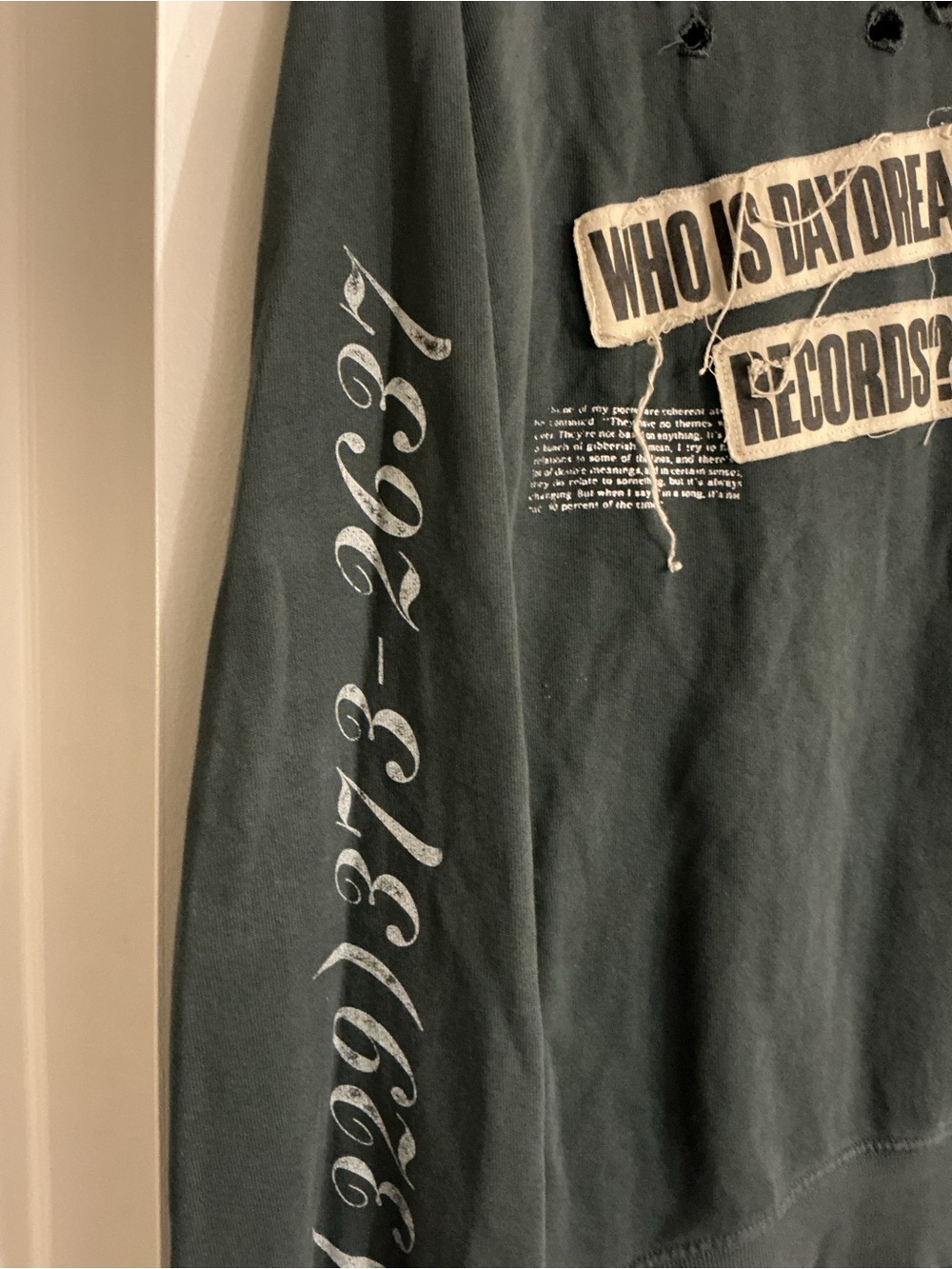 Daydreamer Olive Green Graphic Distressed Sweatshirt with Beige Sunflower - Picture 4 of 5